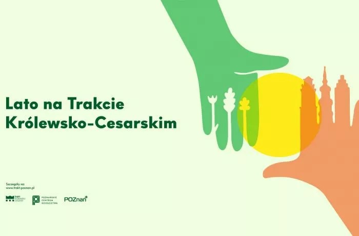 Plakat przedstawiający dwie ręcę, jedna w kolorze zielonym z drzewami zamiast palców, druga brązowa z budynkami zamiast palców.
