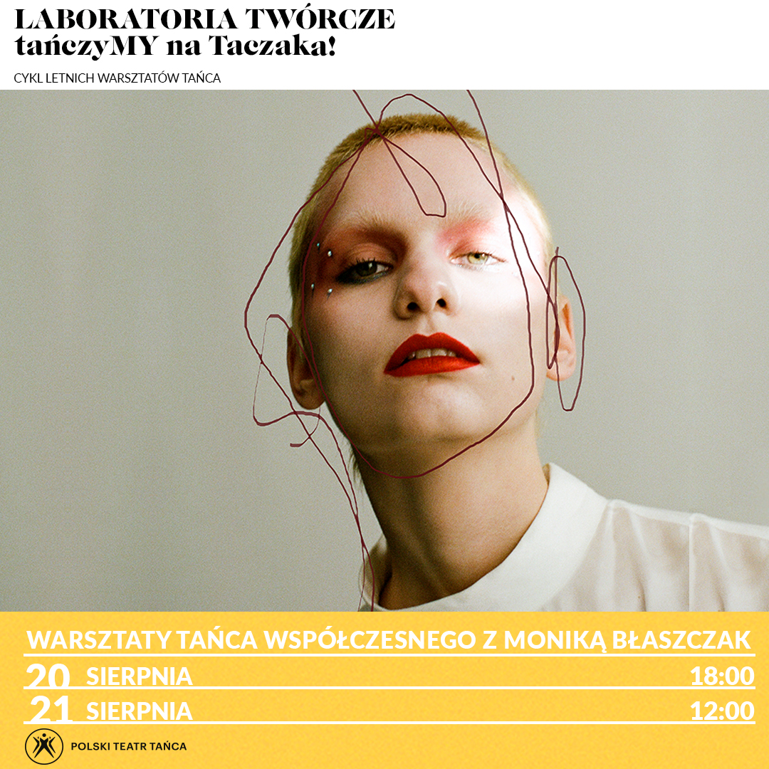 Kobieta z krótkimi blond włosami i białymi brwiami, patrzy na wprost, ma czerwone usta. Jej głowa jest otoczona bohomazem.