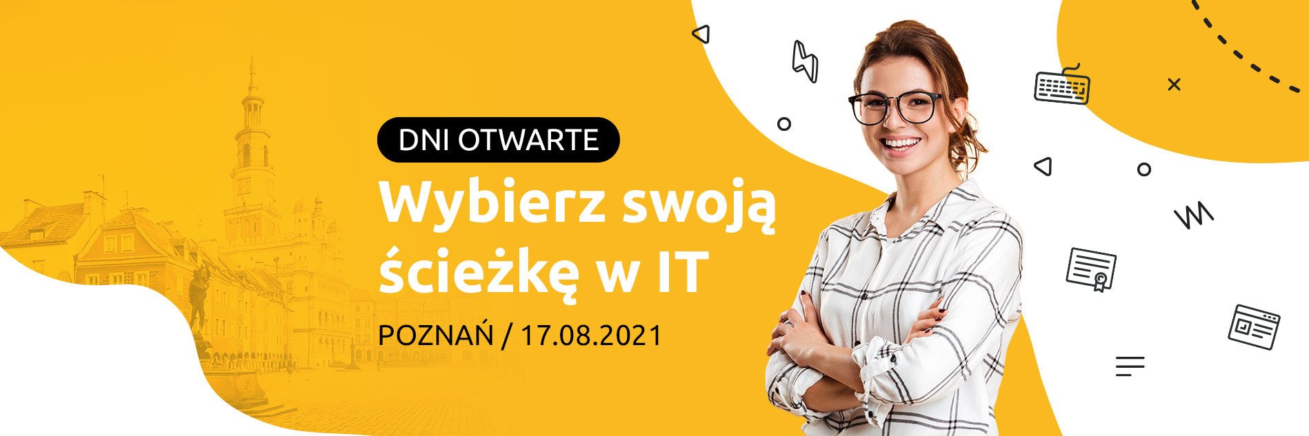 Dziewczyna w okularach i koszuli w kratę, uśmiechnięta. Za nią ikonki klawiatur i folderów, w tle zdjęcie rynku Poznańskiego.
