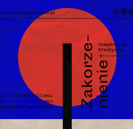 Czerwony okrąg, błękitne tło, na środku czarna kreska. Grafika przypomina kwiatek.