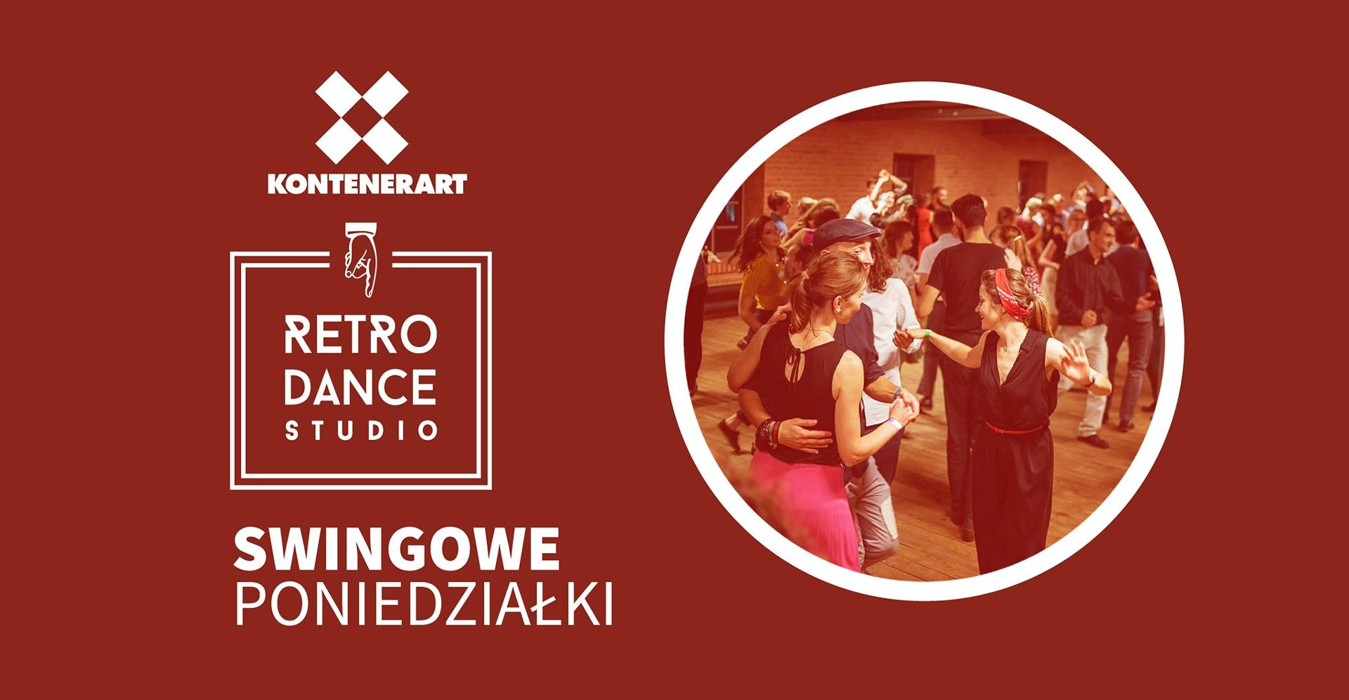 Czerwona plansza z logami organizatorów oraz zdjęcie tańczącej grupy ludzi.