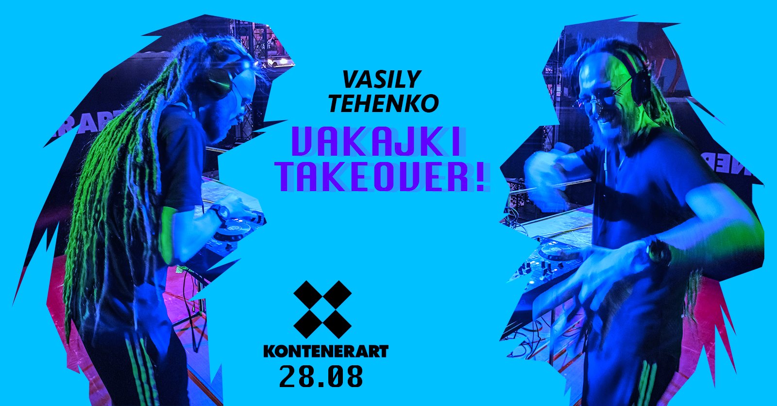 Niebieska plansza z datą oraz imieniem i nazwiskiem występującego, obok dwa zdjęcia grającego DJ'a.