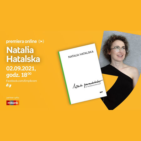 Plakat ze zdjęciem autorki i okładką książki. Po lewej białe napisy informujące o wydarzeniu, pomarańczowe tło.