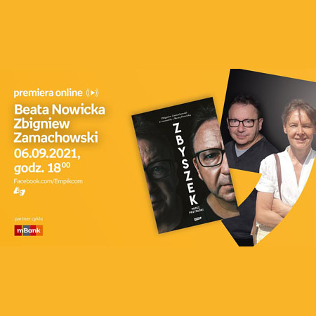 Plakat ze zdjęciami Zamachowskiego i Nowickiej oraz okładką książki. Po lewej białe napisy informujące o wydarzeniu, pomarańczowe tło.
