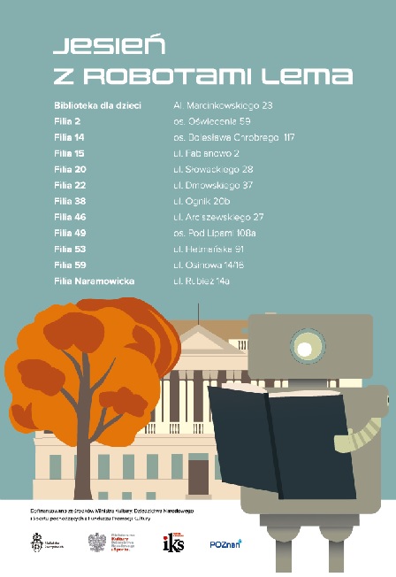 Biblioteka Raczyńskich, drzewo i robot czytający książkę.