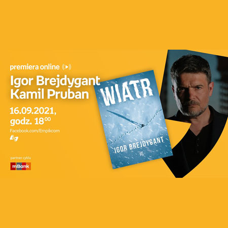 Plakat ze zdjęciem autora i okładką książki. Po lewej białe napisy informujące o wydarzeniu, pomarańczowe tło.