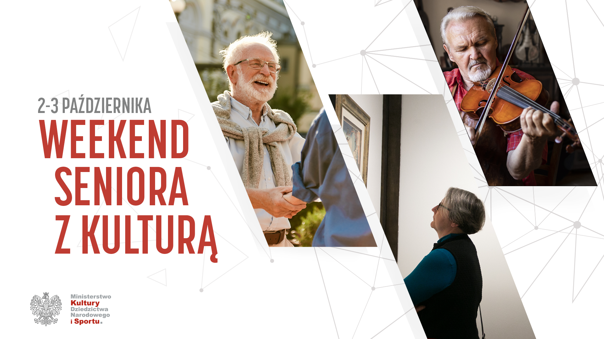 Plakat przedstawiające tytuł Weekend seniora z kulturą oraz trzy zdjęcia seniorów, grającego na skrzypcach, oglądającą obraz oraz rozmawiającego.
