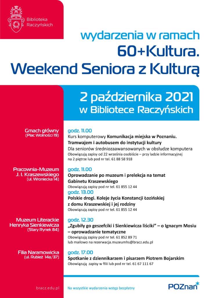 Plakat zawierający informację o wydarzeniach w Bibliotece Raczyńskich podczas Weekendu Seniora