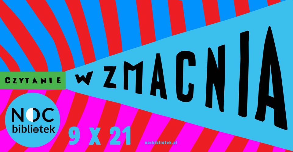 Plakat różnej wielkości napisy na kolorowym tle.