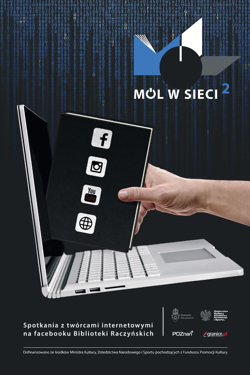 Plakat przedstawiający rękę wkładającą książkę do ekranu latopa.