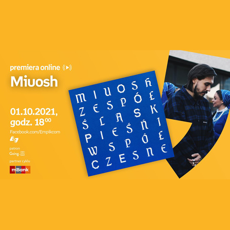 Plakat ze zdjęciem Miuosha i okładką płyty. Po lewej białe napisy informujące o wydarzeniu, pomarańczowe tło.