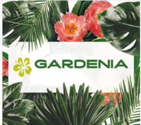 Na środku napis: Gardenia. Dookoła Liście i kwiaty.