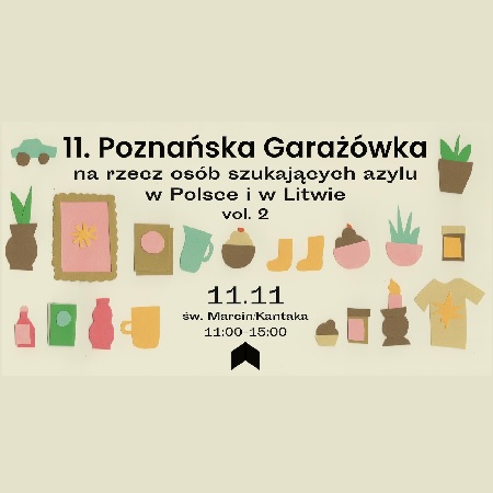 Symbole róznych rzeczy, które można będzie wystawić i kupić podczas garażówki (np: kwiaty, dzbanek, kubek, ubrania, książki, obrazki).