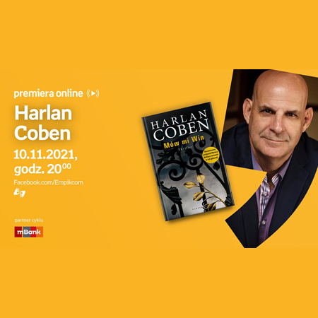 Plakat wydarzenia ze zdjęciem autora i okładką książki. Po lewej białe napisy informujące o wydarzeniu, pomarańczowe tło.