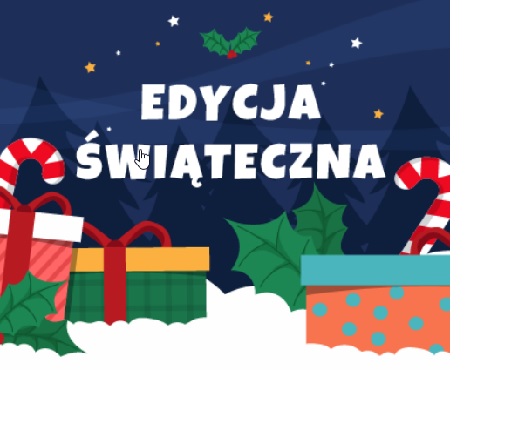 Świąteczna noc. Zapakowane prezenty stoja na śniegu. Na górze napis: "Edycja świateczna".