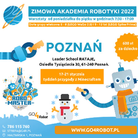 Po lewej : ręka robota trzyma klocek, pod spodem 2 uśmiechnięte roboty trzymają się za rękę uniesioną w górę. Po prawej: Uśmiechnięty robot trzyma klocek w ręku. Na środku informacje o półkoloniach dostępne w artykule.