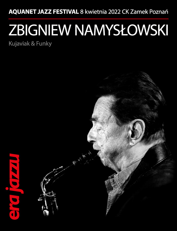 Czarno-biały plakat reklamujący koncert w ramach cyklu Era Jazzu.