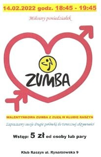 Serce przebite strzałą."Miłosny poniedziałek" 14.02.2022, g. 18:45-19:45. Walentynkowa zumba w Zuzą w Klubie Raszyn.