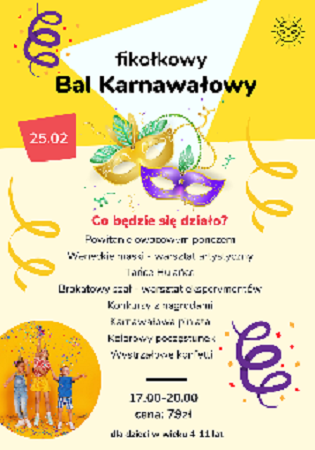 na żółtym tle wypisane są atrakcje wydarzenia; do góry widoczne maski karnawałowe