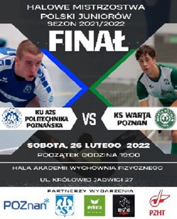 plakat wydarzenia sportowego; po lewej stronie zawodnik KU AZS Politechniki Poznańskiej; po prawej stronie zawodnik KS Warty Poznań