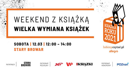 plakat wydarzenia; po lewej stronie nazwa oraz miejsce i godzina; po prawej stronie pomarańczowe logo książki oraz postać "obserwatora" artysty Noriakiego