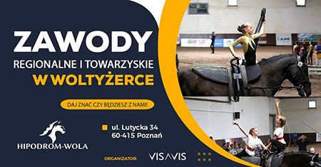 plakat wydarzenia; po lewej stronie informacje dotyczące zawodów; po prawej dwa zdjęcia z zawodów przedstawiające zawodników na koniach