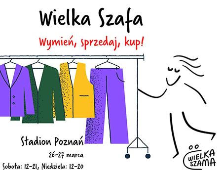 rysunek przedstawiający postać przeglądającą ciuchy na wieszaku