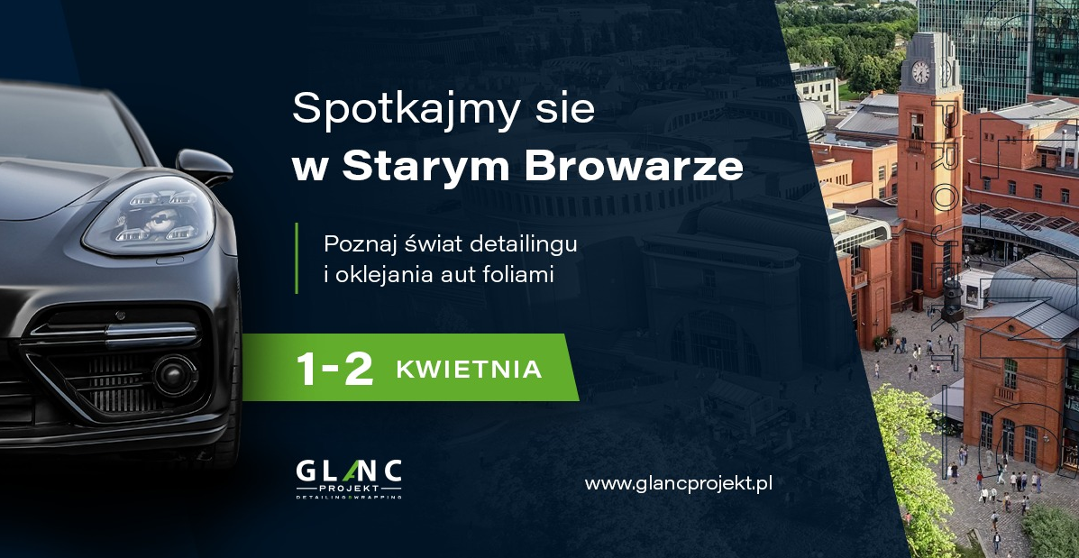 Po lewej stronie plakatu samochód marki Porshe, w centralnej części informacje dotyczące wydarzenia, po prawej stronie widoczny gmach Starego Browaru.