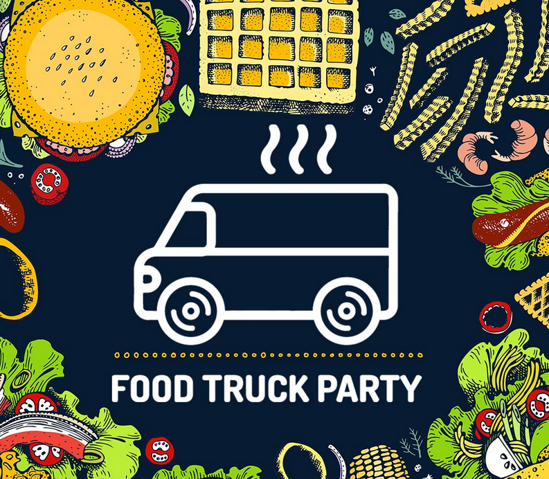 Grafika busa z podpisem "Food truck party". Całość otoczona różnymi rysunkami jedzenia.