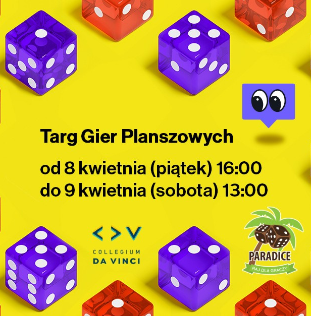 Informacje dotyczące wydarzenia otoczone kostkami do gry.