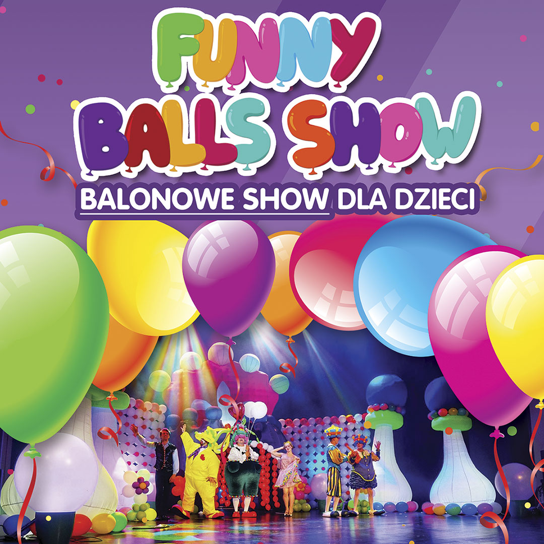 Artyści w kolorowych strojach występujący na scenie otoczonej balonami.