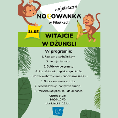 Grafika przedstawia na górze dwie małpki, po bokach zielone liście. Na środku tytuł wydarzenia i program zawarty w treści.