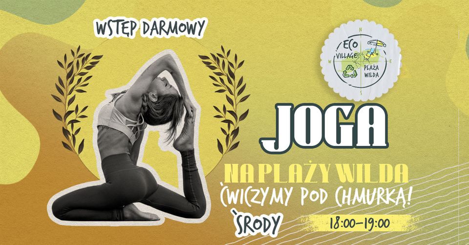 KObieta uprawiająca jogę na zółtym tle plakatu.