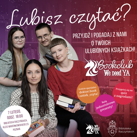 Trzy dziewczyny i chłopak trzymają w dłoniach książki. Białe napisy na różowo-fioletowym tle.