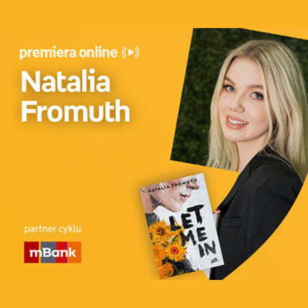 Plakat ze zdjęciem pisarki i okładką książki w prawej części. W części lewej u góry białe napisy na pomarańczowym tle.