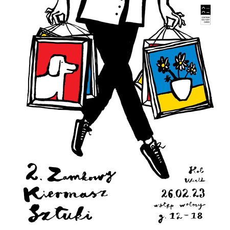 Fragment czarnych spodni i butów, z tyłu kolorowe obrazki: jeden z nich przedstawia psa, drugi kwiaty w doniczce. W dolnej części czarne napisy informujące o wydarzeniu.