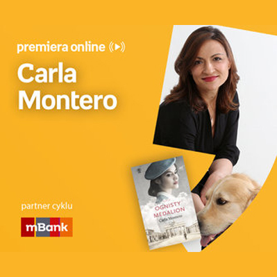 Plakat ze zdjęciem pisarki i okładką książki w prawej części. W części lewej u góry białe napisy na pomarańczowym tle.