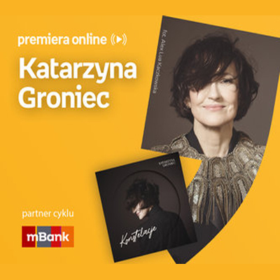 Plakat ze zdjęciem artystki i okładką płyty. Białe napisy informujące o wydarzeniu na pomarańczowym tle.