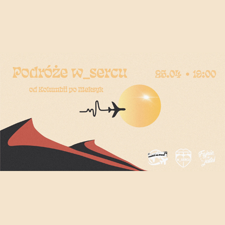 Kolorowa grafika przedstawiająca kontur wydm, żółte słońce i lecący na jego tle samolot.