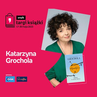 Plakat ze zdjęciem pisarki i okładką książki w prawej części. W części lewej imię i nazwisko na różowym tle.