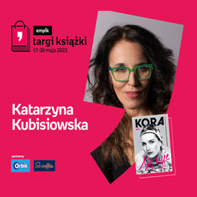 Plakat ze zdjęciem autorki i okładką książki w prawej części. W części lewej imię i nazwisko na różowym tle.