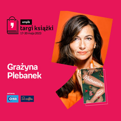 Plakat ze zdjęciem pisarki i okładką książki w prawej części. W części lewej imię i nazwisko na różowym tle.