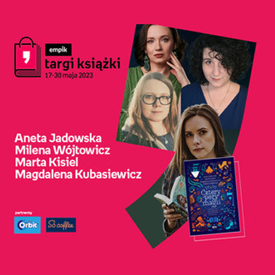 Plakat ze zdjęciem autorek i okładką książki w prawej części. W części lewej imiona i nazwiska na różowym tle.