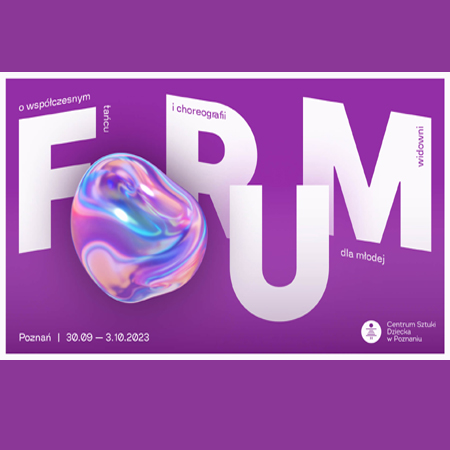 Białe napisy informujące o wydarzeniu na fioletowym tle. W tym duże litery układające się w wyraz "Forum". Litera "O" jest w formie kolorowej kropli.