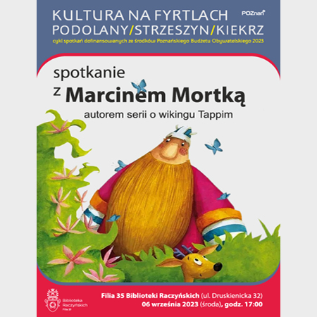 Ilustracja przedstawiająca wikinga Tappiego - dużą postać z długą rudą brodą na zielonej trawce. Napisy informujące o wydarzeniu.