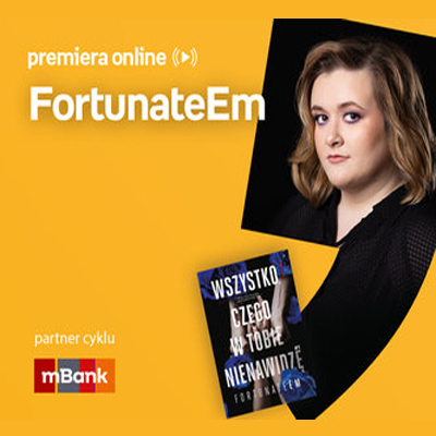 Plakat ze zdjęciem autorki i okładką książki w prawej części. W części lewej imię i nazwisko na pomarańczowym tle.