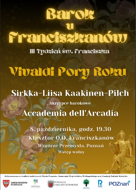 Informacje o koncercie na tle gałązki dzikiej róży i barokowego zegara