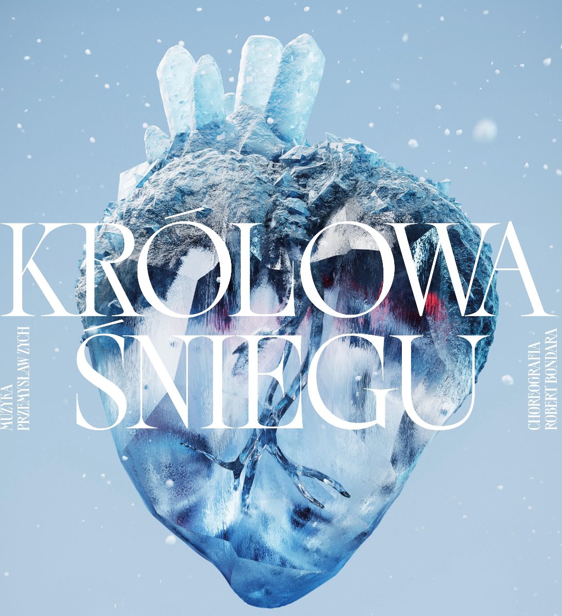 Na jasnoniebieskim tle widnieje zawieszone duże lodowe anatomiczne serce, w miejscu aorty lodowe bryłki.