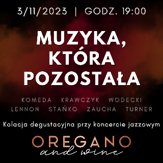 tytuł, nazwiska wspominanych wykonawców i logo restauracji na ciemnym tle