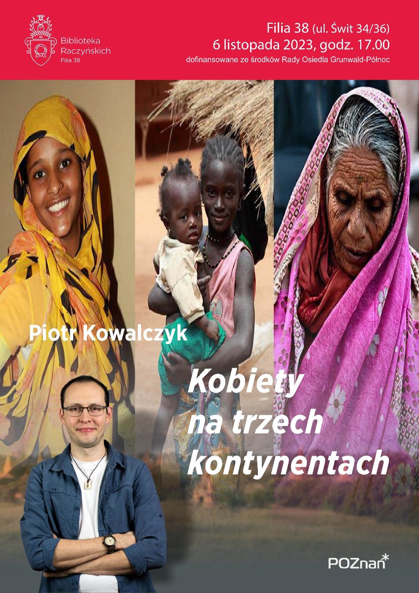 W trzech kolumnach widzimy zdjęcia ciemnoskórych kobiet w różnym wieku w barwnych szatach. Po lewej młoda uśmiechnięta kobieta w żółtej szacie przykrywającej głowę, po środku młoda dziewczyna z dzieckiem na ręku, po prawej starsza kobieta z widocznymi zmarszczkami na twarzy, spuszczonym wzrokiem i różowej chuście.